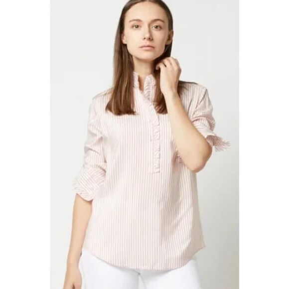 Ann Mashburn 100% SILK Striped Frill Shirt Sz. L - Picture 1 of 8